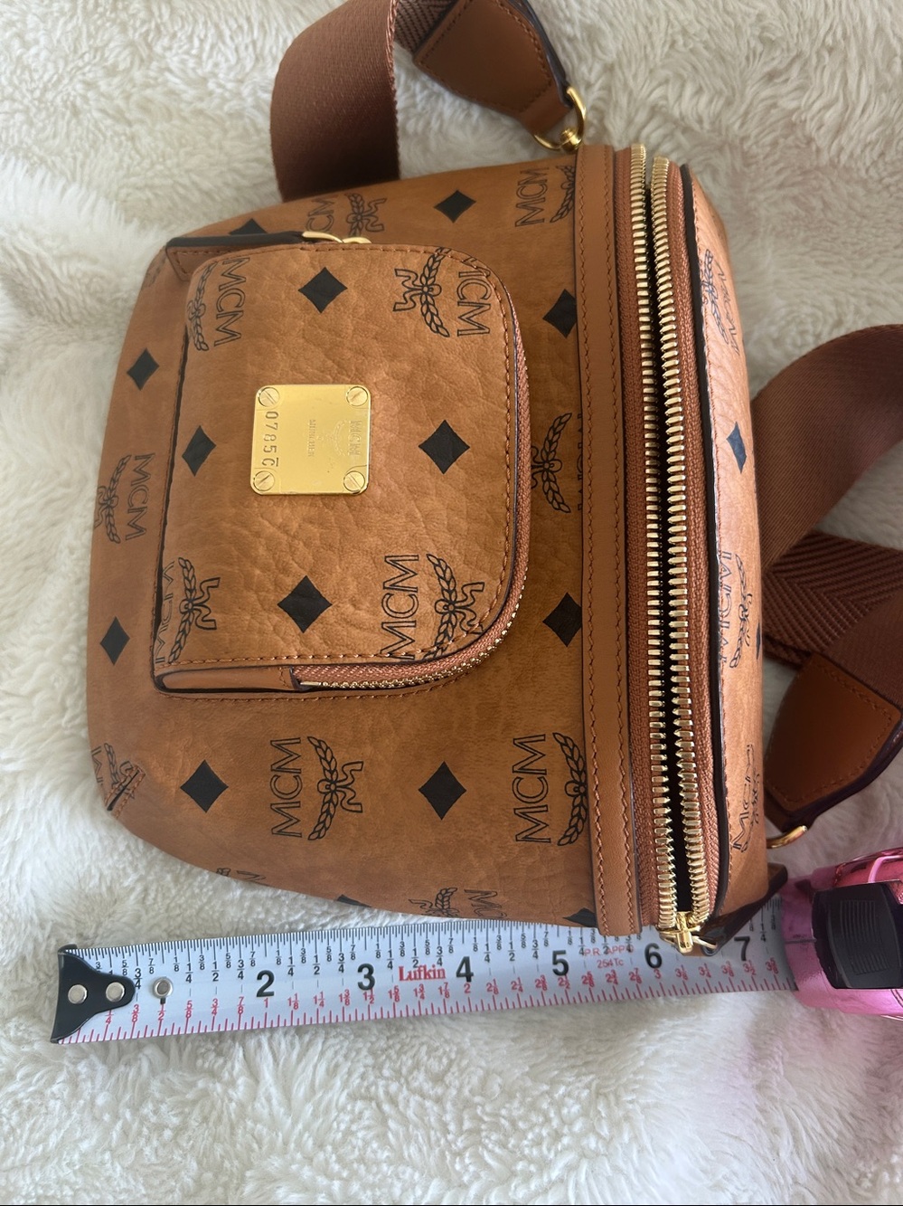MCM Cognac Visetos Monogram Mini Crossbody Belt Bag with Gold Hardware - Picture 10 of 11